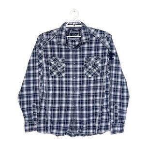 BUCKLE Black Men's Embroidered Plaid Western Snap Button Shirt Black White Sz XL